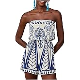 WDIRARA Women's Boho Graphic Tube Top Romper Strapless Sleeveless Wide Leg Shorts Jumpsuits