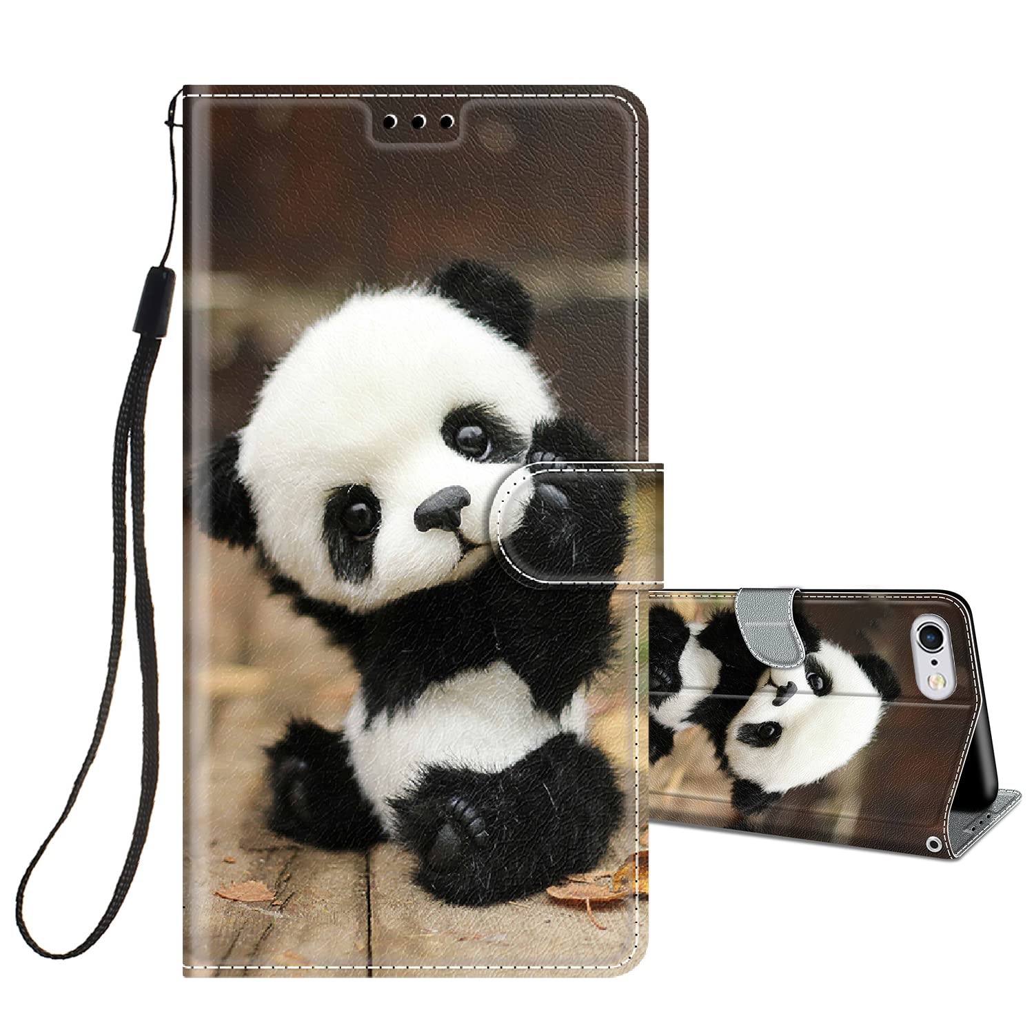 HopMore Flip Case for iPhone 6S / 6 Phone Case Protective Wallet Case for Girls Women Boys, PU Kickstand Card Slot Holder Silicone Bumper 360 Degrees Shockproof Cover - Sweet Panda