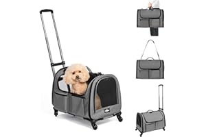 PAW BALLET Large Pet Carrier with Wheels, Foldable Rolling Dog Carrier with Big Pocket, Cat Rolling Bag 21"x13"x13" for 2 Cats &Dogs, for Travel, Outdoor, Vet Visits, Camping, Indoor. Gray. (Not for Airline)