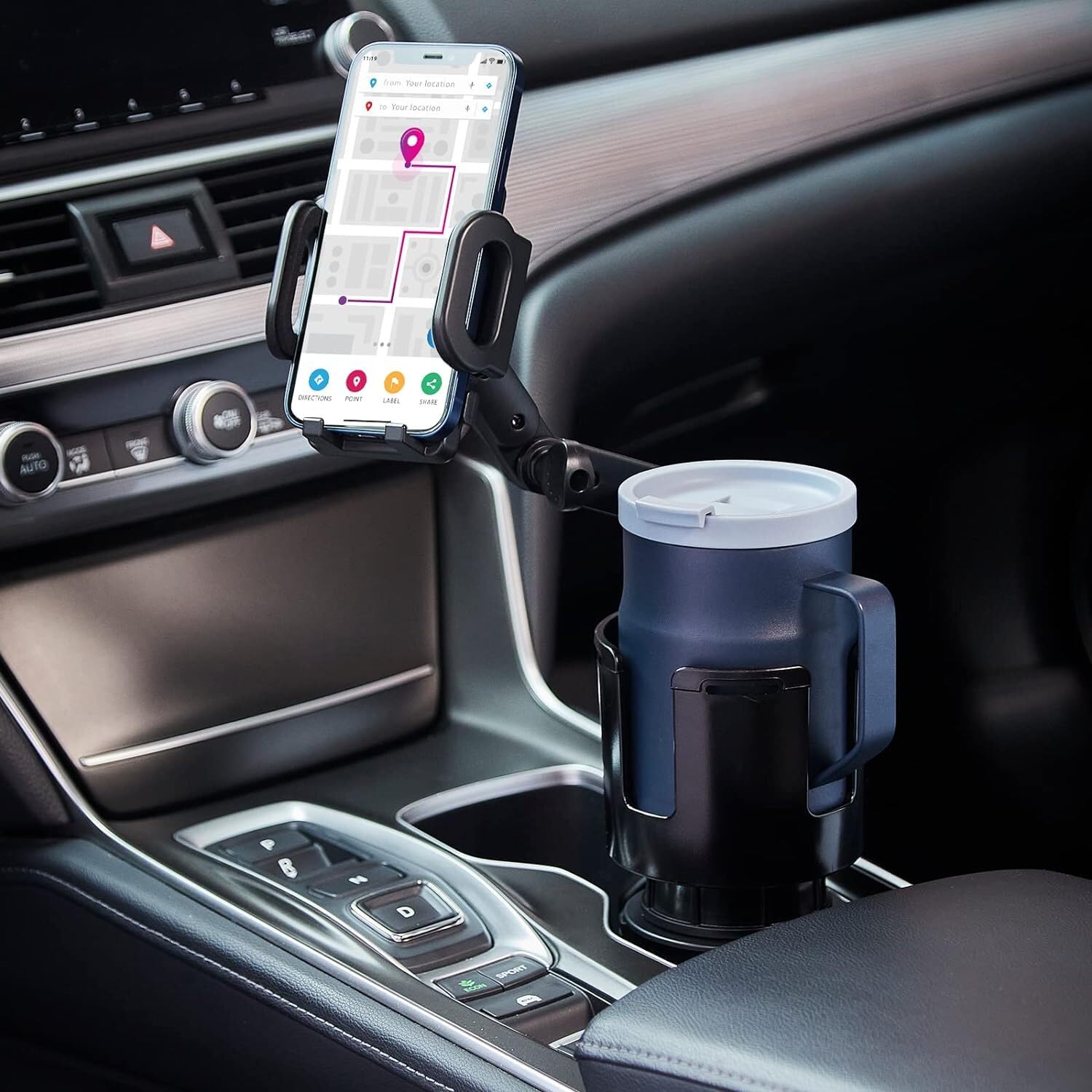 SCRWVESS Cup Holder Phone Mount, 2 in 1 Cup Holder Expander for Car Long Arm with 360°Rotation Cup Holder Cell Phone Holder for Car Compatible with All Smartphones