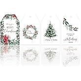 KOPOOEOE 100 Pcs Christmas Paper Gift Tags Watercolor Plants Xmas Winter Seasonal Wishes Hanging Label Tags with Hemp Rope for Xmas Holiday Gift Wrapping DIY Crafts, 4 Designs