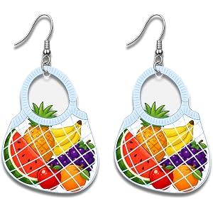 Fruit Shopping Bag Acrylic Earrings - Tropical Fruit Jewelry - Shopping Bag Earrings - Stainless Steel Hooks - Food Jewelry -