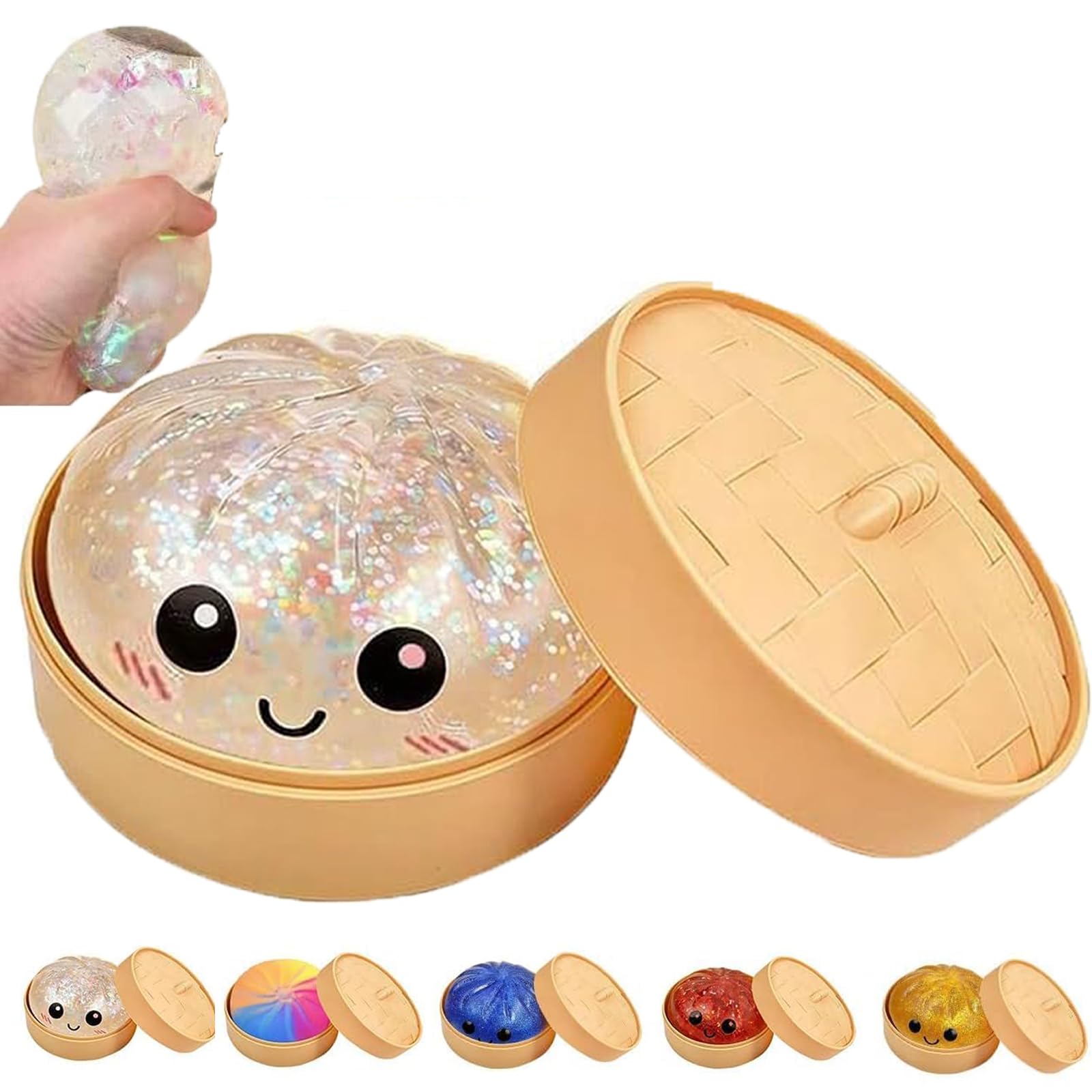 Dumpling Squishy, Glitter Mystery Dumplings Box, Squishy Dumpling Stress Relieving Toy, Soft Squeeze Decompression Dough, Easter Basket Stuffers,with Food Steamer Stretchy Desk Toys (White-B)