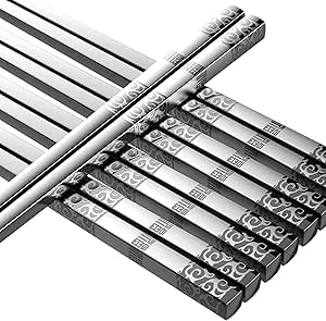 Metal Chopsticks Reusable 5 Pairs Stainless Steel Chopsticks Dishwasher Safe Square Lightweight Non-Slip Chop Sticks Gift Set (Silver)