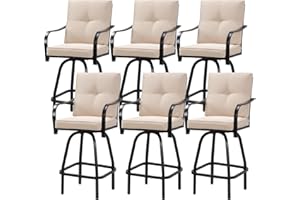 GOOGIC Patio Swivel Bar Stools with Cushion, Outdoor High Back Swivel Bar Chair Set of 6 with All Weather Steel Frame for Backyard, Lawn,Poolside and Balcony(Beige)