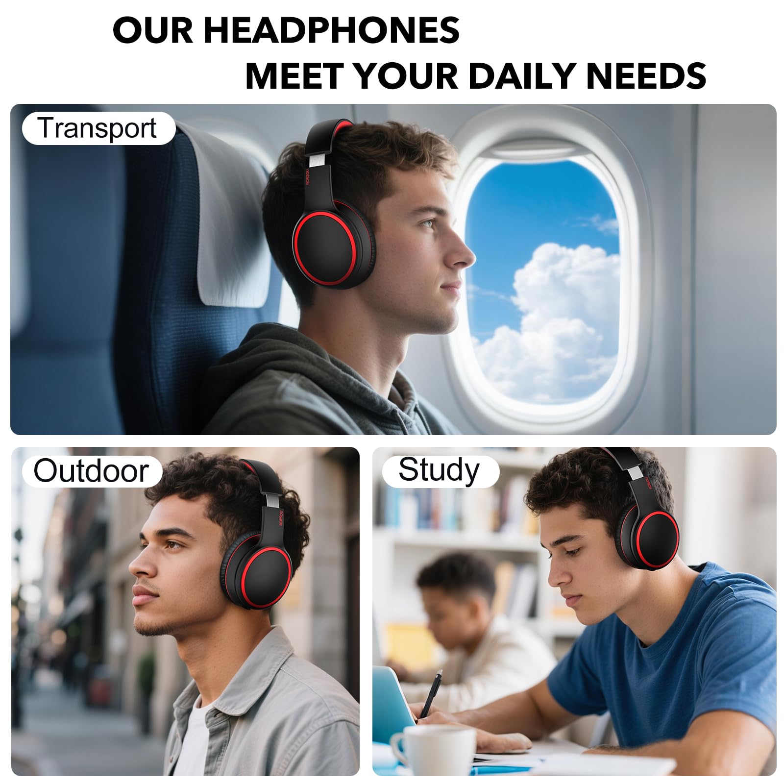 RORSOU B10 Bluetooth Headphones Over Ear, 2 EQ Music Modes(Normal/Bass) and 50H Playtime Wireless Headphones with Mic, Lightweight Folding HiFi Stereo Headset for iPad/Travel/Tablet/PC/Home (Black)
