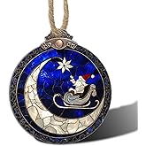 AMDERVEN Stained Glass Christmas Decorations, Blue Starry Sky Moon Suncatcher for Window Christmas Tree Hanging Ornaments Santa Claus Sun Catcher Xmas Decor Gifts for Women Men Mom Nana Friend