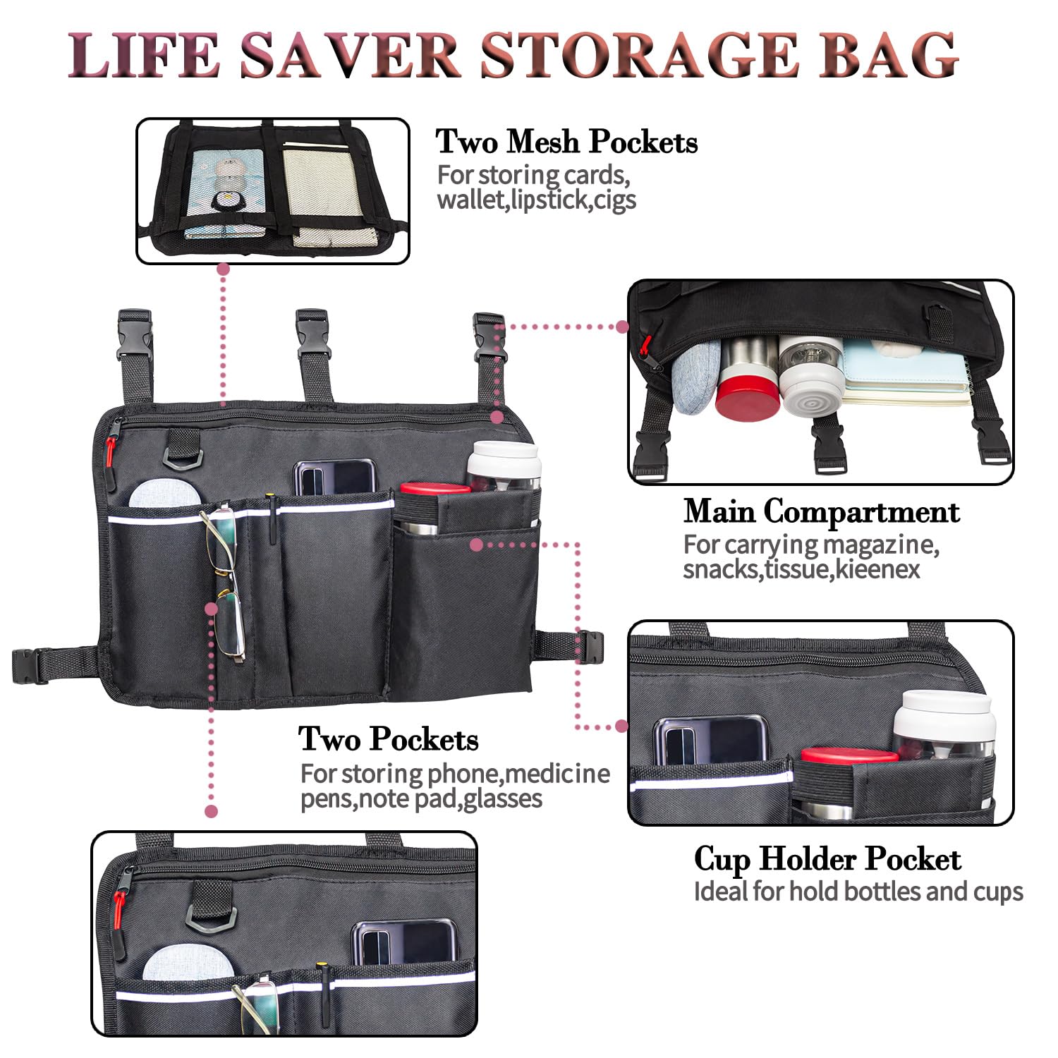 Large Walker Bag with Water Cup Holder,Walker Basket,Walker Accessories,Walker Bags For Folding Walker,Walker Bags For Seniors,Bag For Walker,Foldable Walker Storage Bag,Side Walker Bag