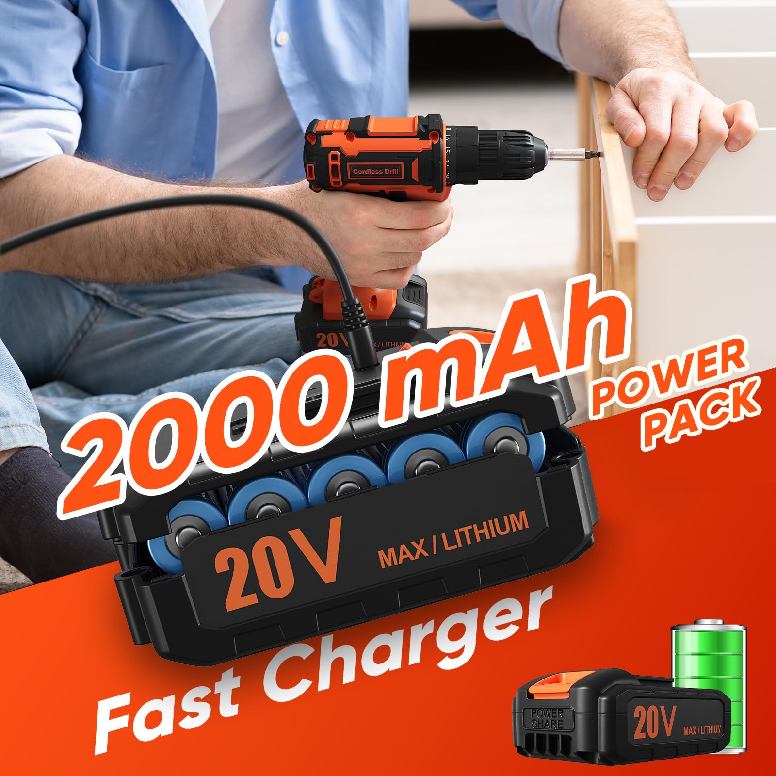 Cordless Drill Set, VIWKO 20V Power Drill with Power Pack 2.0Ah and Charger, 3/8-Inch Keyless Chuck Electric drill, 25+1 Position, 42pcs Drilldriver Bits/Screws for DIY Projects (Orange)