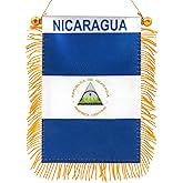 Anley 4 X 6 Inch Nicaragua Fringy Window Hanging Flag - Mini Banner & Car Rearview Mirror Décor - Fringed Nicaraguan Hanging Flag with Suction Cup