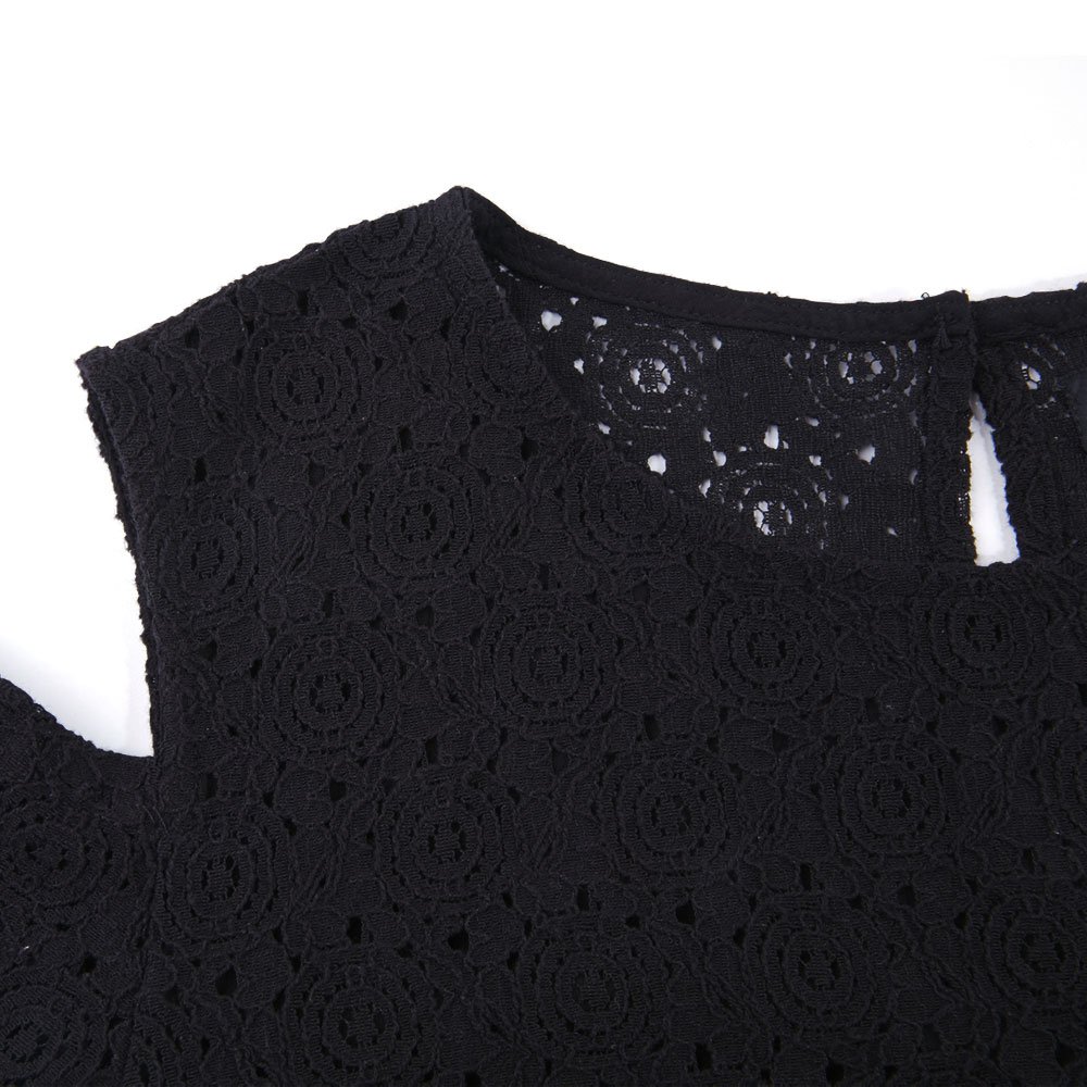 Women Elegant Hollow Out T Shirt Cold Shoulder Loose White Lace Crochet Blouse Tops (38, black)