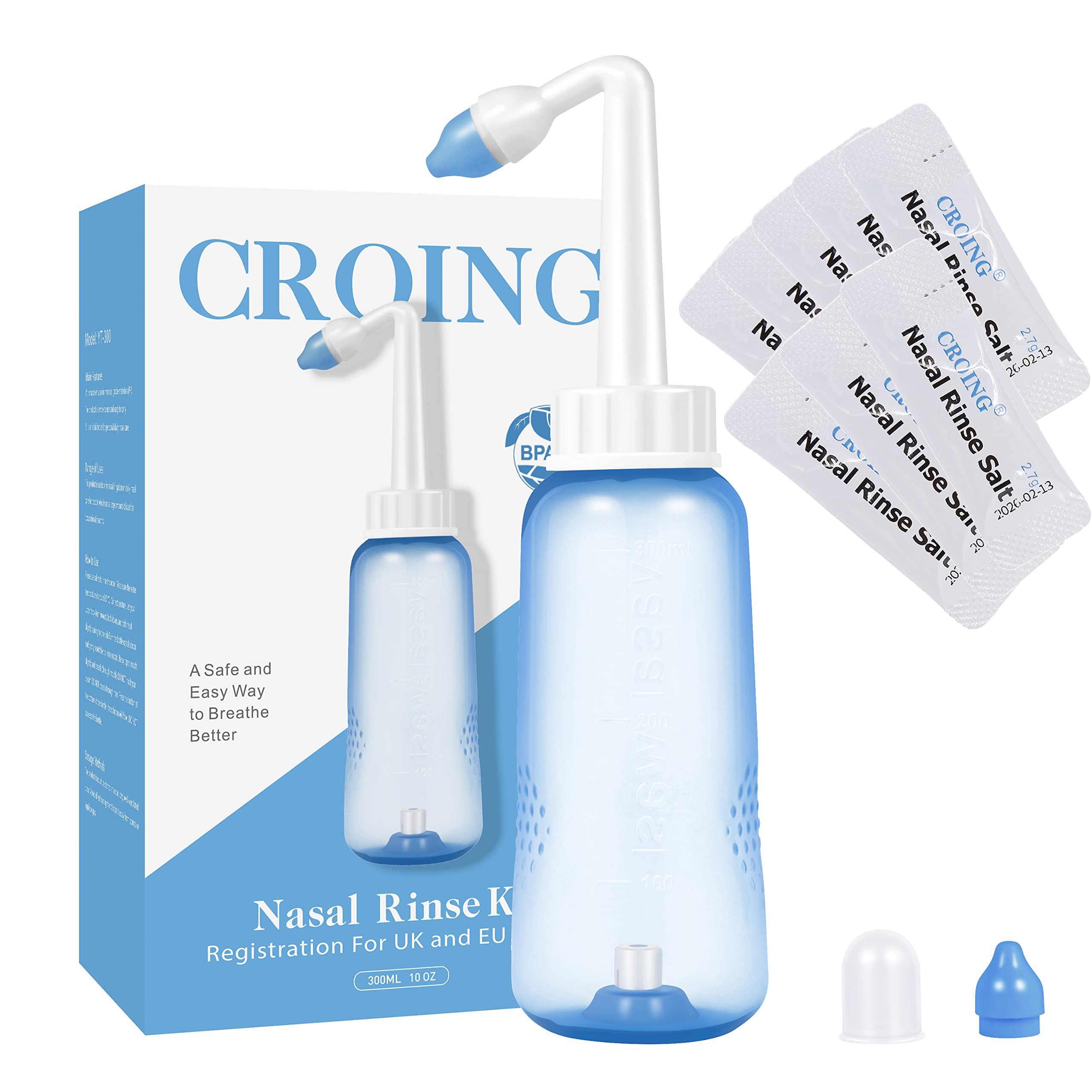 Croing 𝙉𝙖𝙨𝙖𝙡 𝙍𝙞𝙣𝙨𝙚 Neti Pot 300 ML with 80 Nasal Wash Salt Packets Sinus Rinse Bottle Nose Wash Cleaner Pressure Rinse Nasal Irrigation for Adult & Kid BPA Free