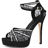 Cociy Women's Platform Heels Peep Toe Pumps Sexy Mesh Stilettos Sparkly Rhinestone High Heels Ankle Strap Shoes for Party Dance Prom