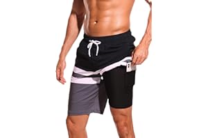 difficort Mens Swim Trunks with Compression Liner Quick Dry Bathing Suits Shorts with Zipper Pockets