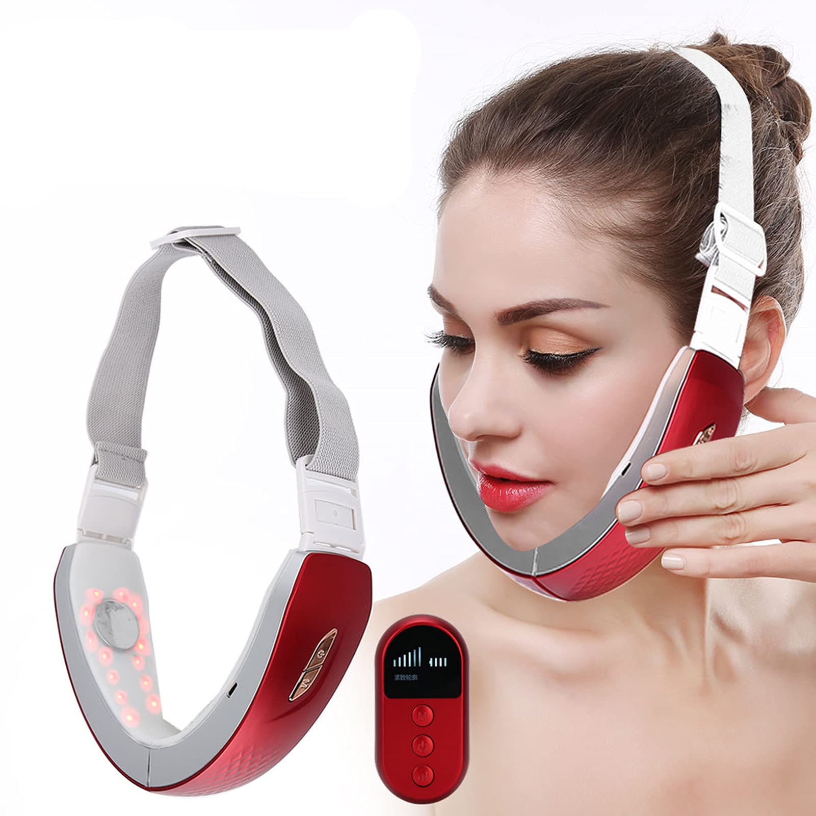 Electric Face Slimming Massager, EMS Wireless V Line Face Massage Belt Facial Lifting Machine with LED Red And Blue Light, for Skin Rejuvenation Tightening