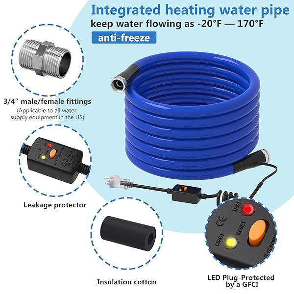 KORVOS 50FT RV HEATED DRINKING WATER HOSE, LEAD-FREE,BPA CLEAN AND SAFE HEATING WATER HOSE, HEATED HOSE WITH INSULATION SPONGE ANTI-FREEZE AND LEAK-PROOF, HEATER GARDEN HOSE SUITABLE FOR RV&CAMPING