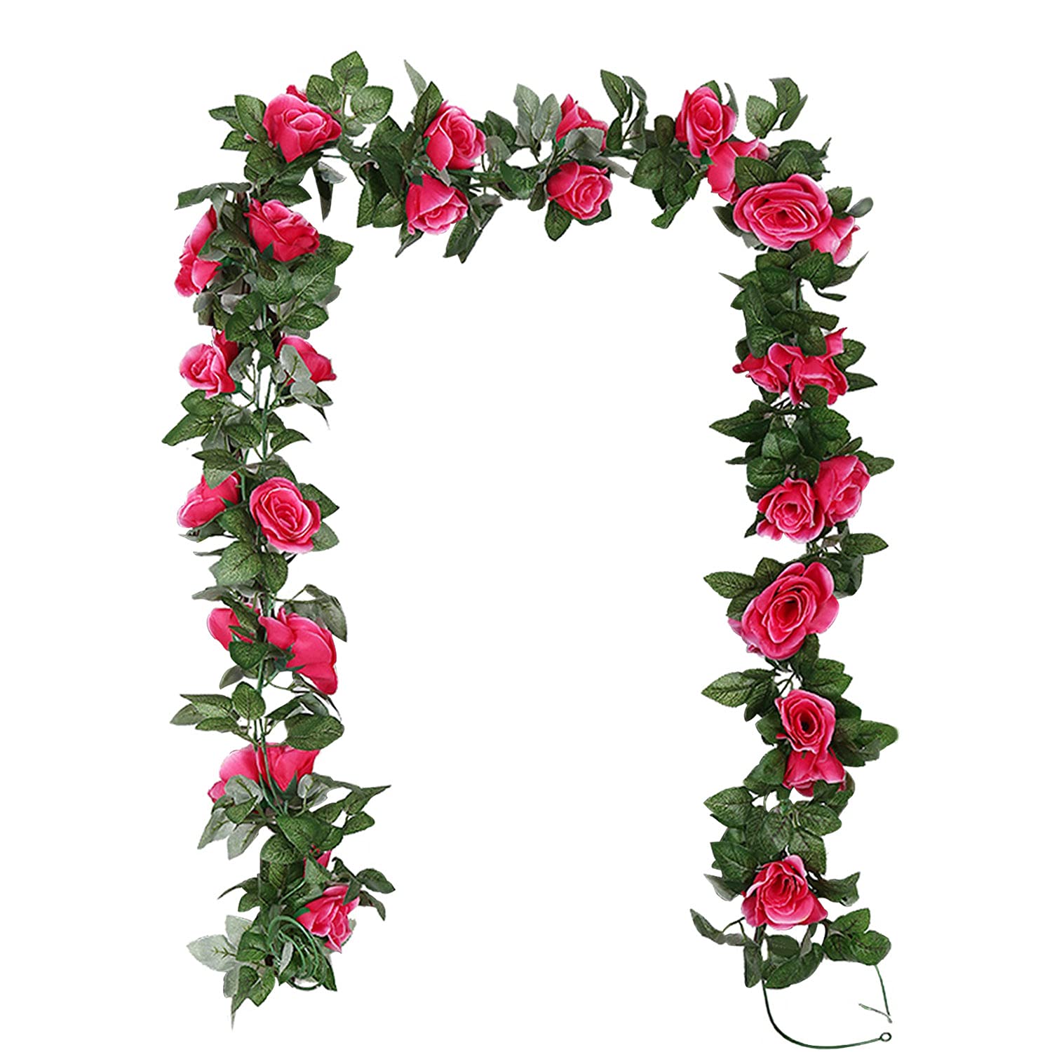 TSHAOUN 2 Pack Artificial Rose Vines Garland Fake Flower Plants Arts Hanging Decoration for Outdoor Indoor Home Kitchen Garden Office Wedding Ceremony Hotel Party 2 x 7.5 FT (Rose Red)