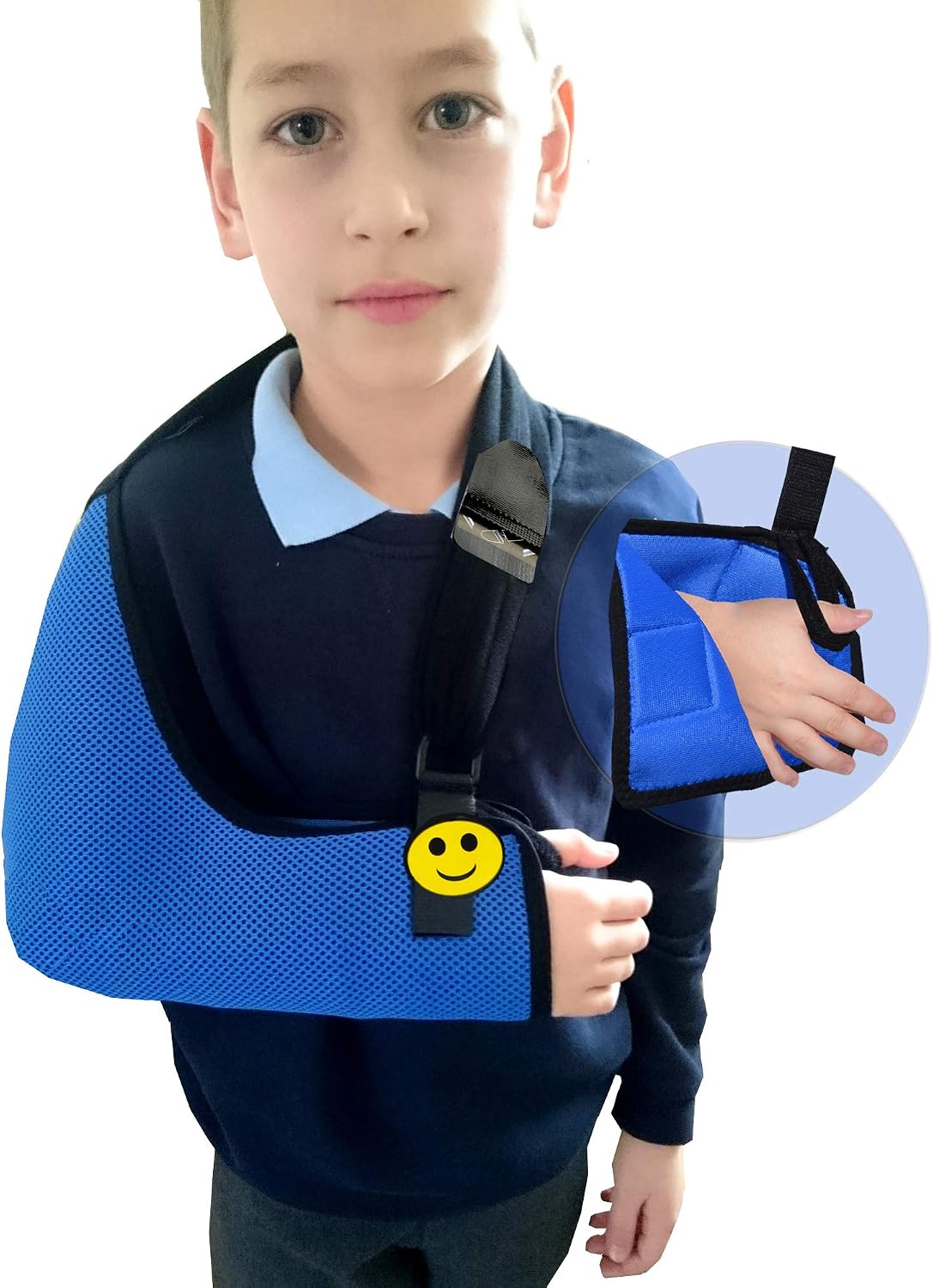 Arm Sling Child (8-9yr blue/black trim) Medical Grade Extra Deep Feel-safe, Easy-fit, Cooling Ultra-comfort, Includes Smiley Sticker. Fits R or L arm.