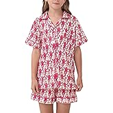 SLPTIMISO Girls Summer Outfit,Kids 2 Piece Button Down Monkey Loungewear Beach Shorts Set Preppy Animals Lounge Pjs