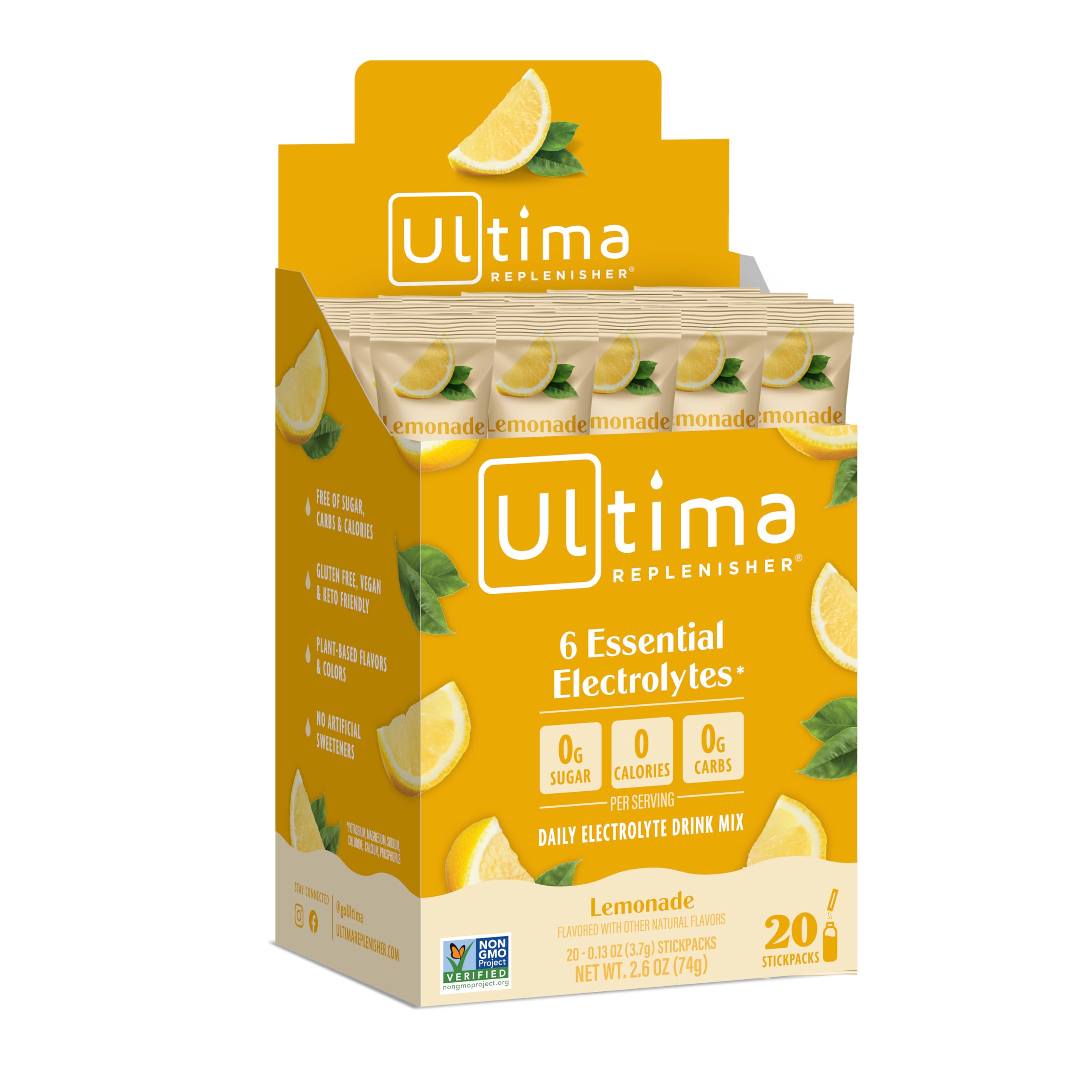 Ultima Replenisher Electrolyte Powder, Sugar‑Free Hydration Mix with Balanced Electrolytes and Essential Minerals to Support Energy, Endurance and Recovery During Workout – Lemonade – 20 Packets