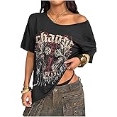 SweatyRocks Women's Goth Vintage T Shirts Letter Graphic Tees Y2k Off The Shoulder Tops