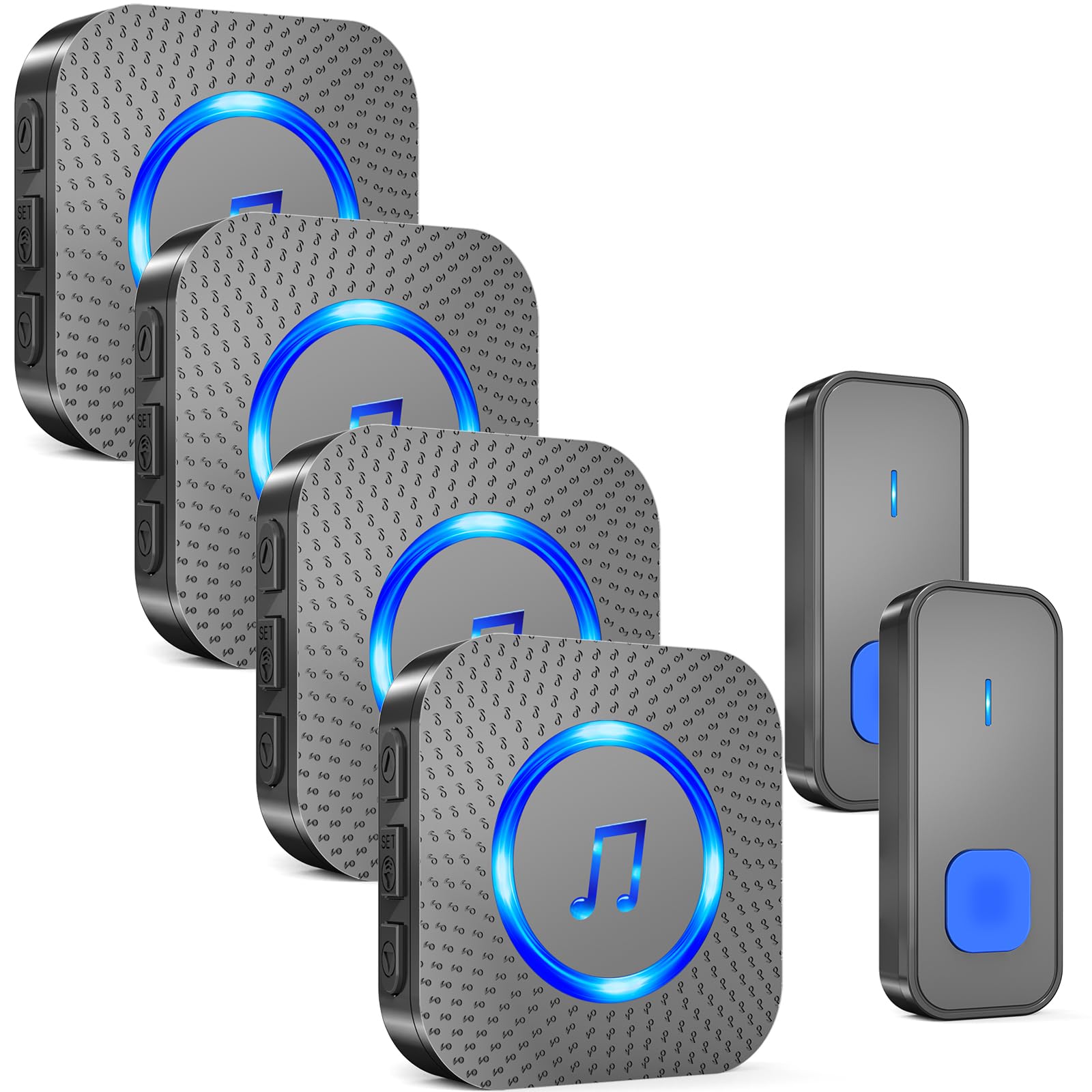 SURFOU Wireless Doorbell with 4 Receivers 2 Buttons,IP55 Waterproof Doorbell,1300 FT/400M Remote Doorbell,55 Chimes 5 Volume,LED Flashing,110 db Loud Volume,For Home/Classroom Image