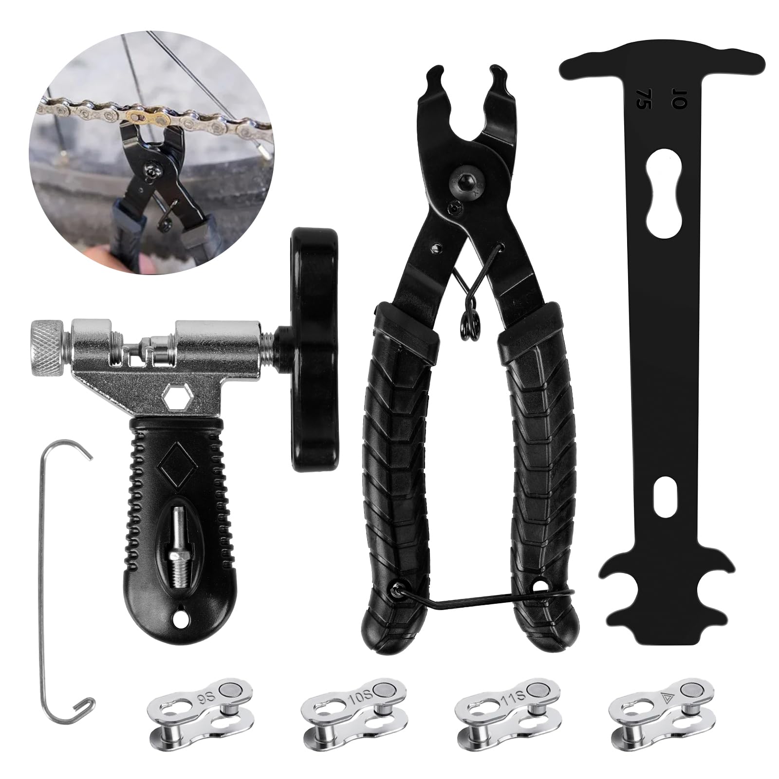 Bike Chain Tools Set, Bike Link Plier+Chain Breaker Splitter+4 Pairs Bicycle Missing Link+Chain Inspection Caliper, Bike Chain Repair Tool Kit for 6/7/8/9/10/11 Speed, for Road Mountain Sports Bike