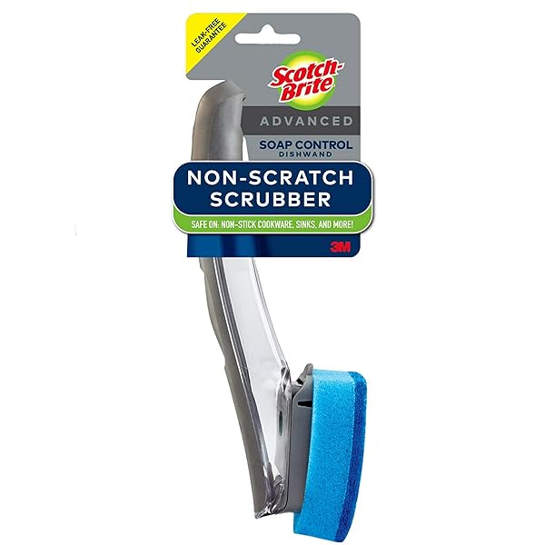 SCOTCH-BRITE ADVANCED SOAP CONTROL NON-SCRATCH DISHWAND, 1 DISH WAND, KEEP HANDS OUT OF THE MESS, PREVENTS SOAP FROM LEAKING, LEAK-FREE GUARANTEE, BEST FOR NONSTICK POTS AND PANS, GLASS, TUBS, & MORE