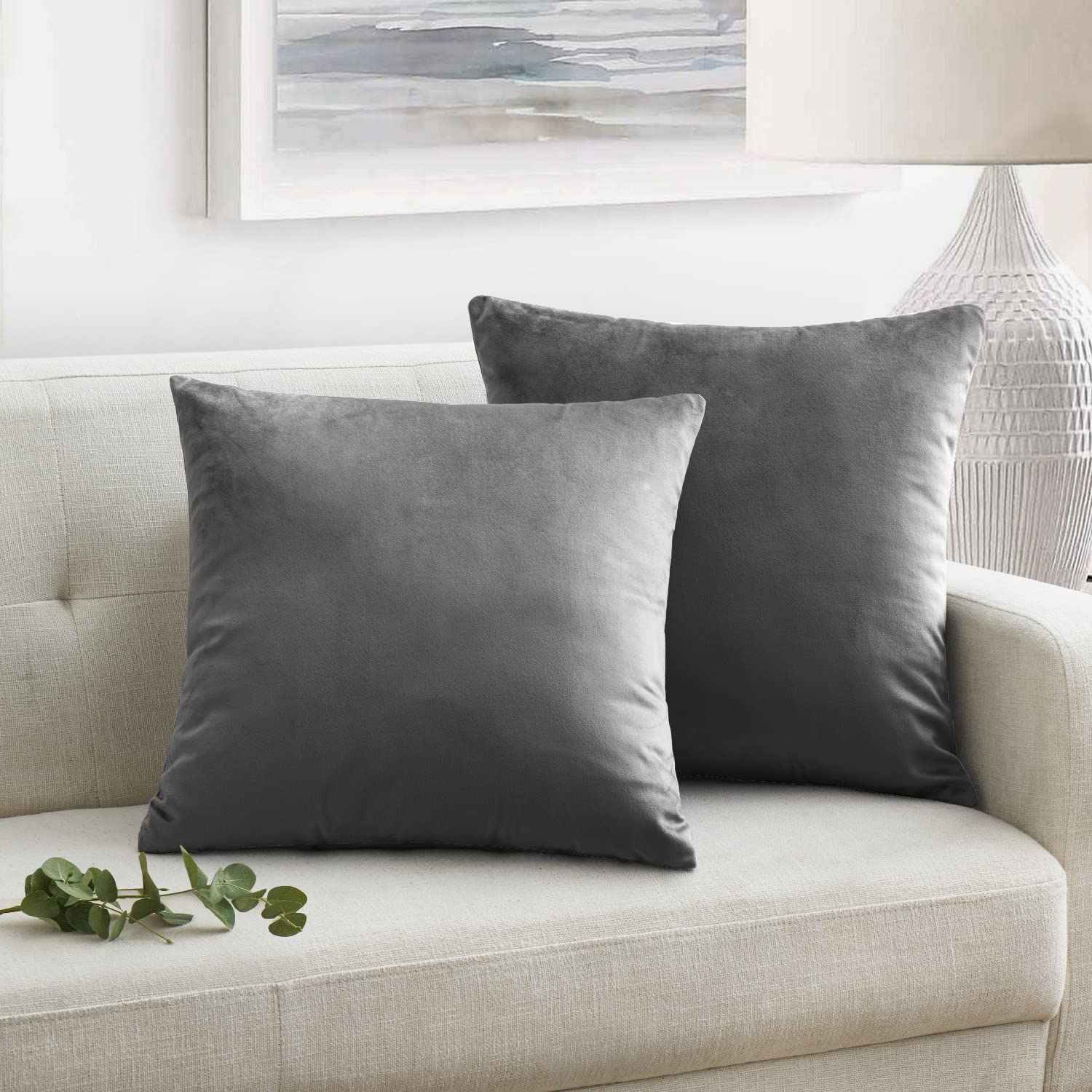 Oxford Homeware Velvet Cushion Covers 45 x 45 (Pack of 2) Square Throw Pillow Cases Soft Decorative Grey Cushion Cover for Bedroom Living Room with Invisible Zipper (18 x 18 Inch) — image 1