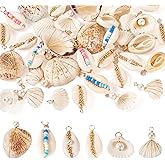 Beadthoven 36pcs Golden Natural Shell Pendants Ocean Beach Seashell Charms with Pearl Beads Wire Wrapped Clam Cowrie Shell Dangle Beads with Loop for Jewelry Making DIY Necklace Earrings Supplies