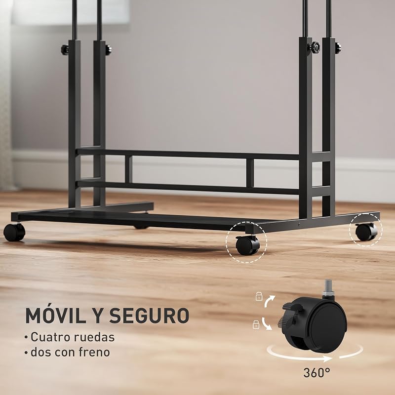 Escritorio Elevable con Ruedas, Puertos USB, 80x60 cm, Negro