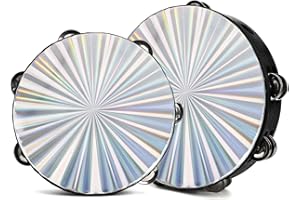 YOUEON 2 Pack Radiant Tambourine with Double Row Jingles, 8/10 Inch Wood Handbell Music Reflective Drum, Hand Drum Percussion Instrument for Church, Tambourine for Dance, Party, KTV