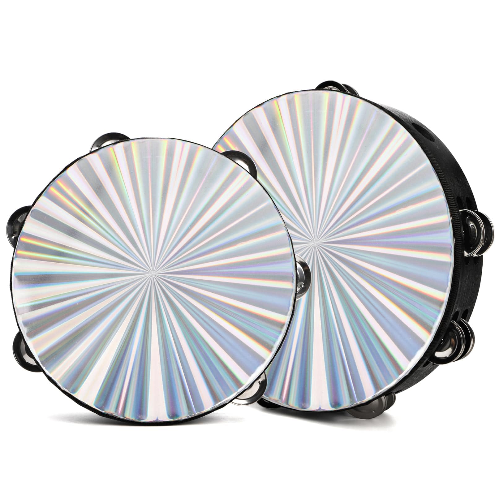 YOUEON 2 Pack Radiant Tambourine with Double Row Jingles, 8/10 Inch Wood Handbell Music Reflective Drum, Hand Drum Percussion Instrument for Church, Tambourine for Dance, Party, KTV