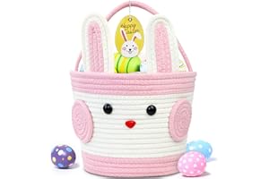 ZIOSINM Easter Basket for Kids, 10.2 x 7.9 x 7.5” Large Woven Boys Easter Baskets with Handle Empty, Bunny Egg Basket for Boys Girls Baby Kids (Pink)
