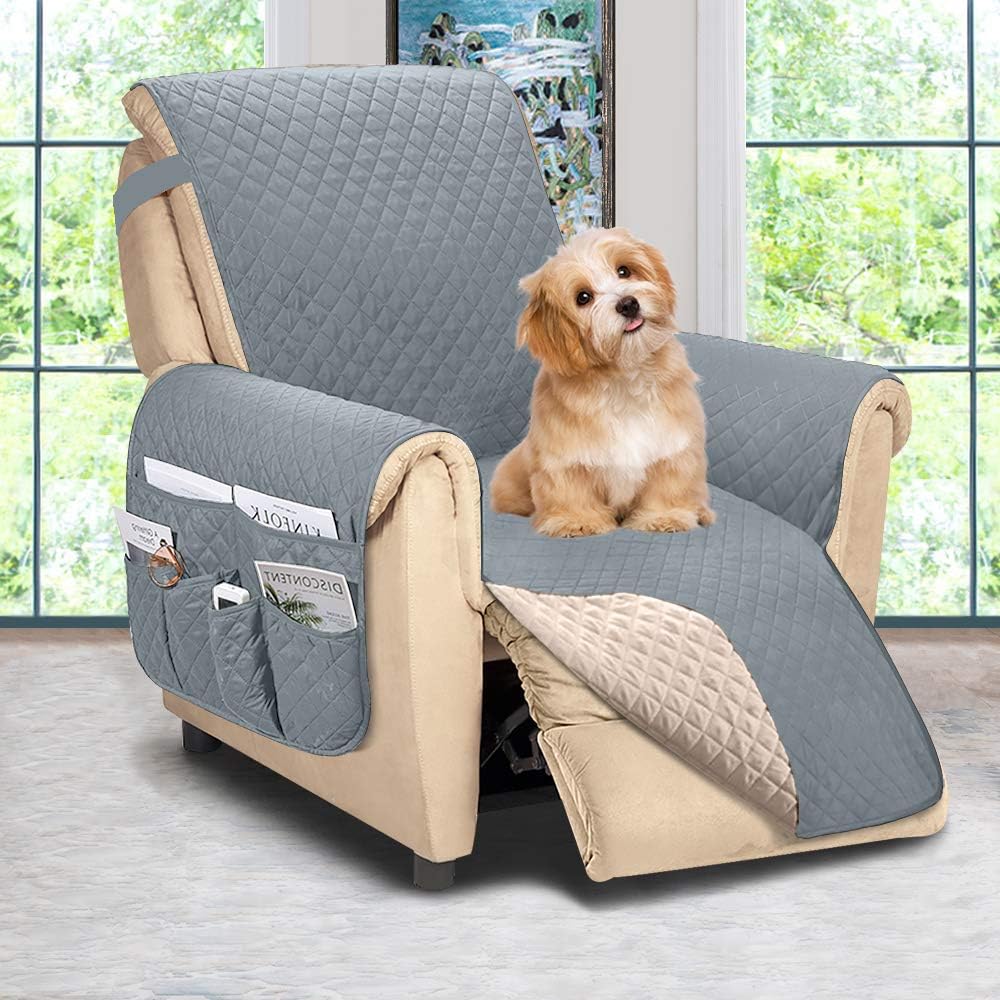 ASHLEYRIVER Reversible Recliner Chair Cover, Seat Width Up to 25 Inch Patent Pending,Recliner Covers for Dogs,Recliner Slipcover,(Recliner Medium::Light Grey/Beige)