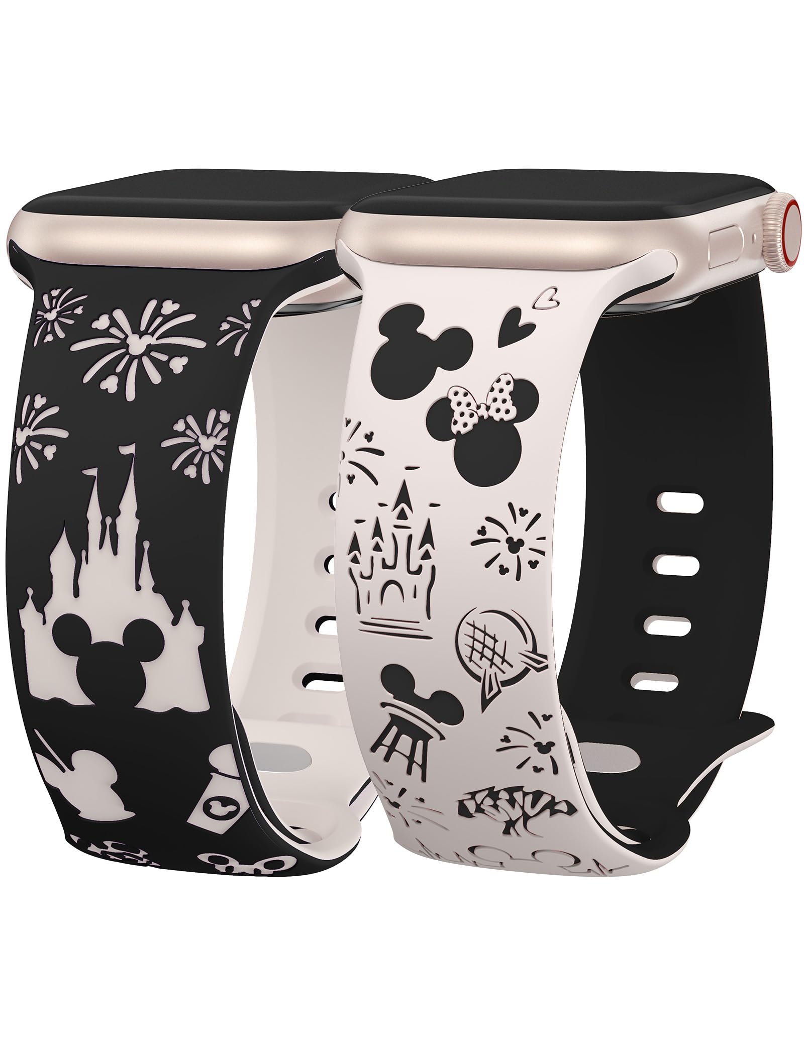 BEEXI 2 Packs Cartoon Engraved Band Compatible with Apple Watch Band 42/41/40/38mm Women Two-Tone Cute Soft Silicone Sport Strap for iWatch SE Series 10/9/8/7/6/5/4/3/2/1/Ultra(1/2)