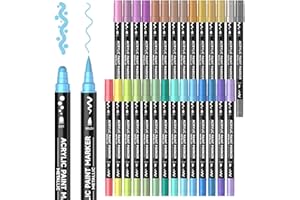 Shuttle Art 28 Metallic Colors Dual Tip Acrylic Paint Markers, Brush Tip and Dot Tip Acrylic Paint Pens for Rock Painting, Ce