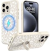 MOWIME Magnetic for iPhone 15 Pro Case with Finger Strap, Compatible with Magsafe, Cheetah Print Pattern for Women Girls, Slim Shockproof Soft TPU Case for iPhone 15 Pro 6.1 Inch, White