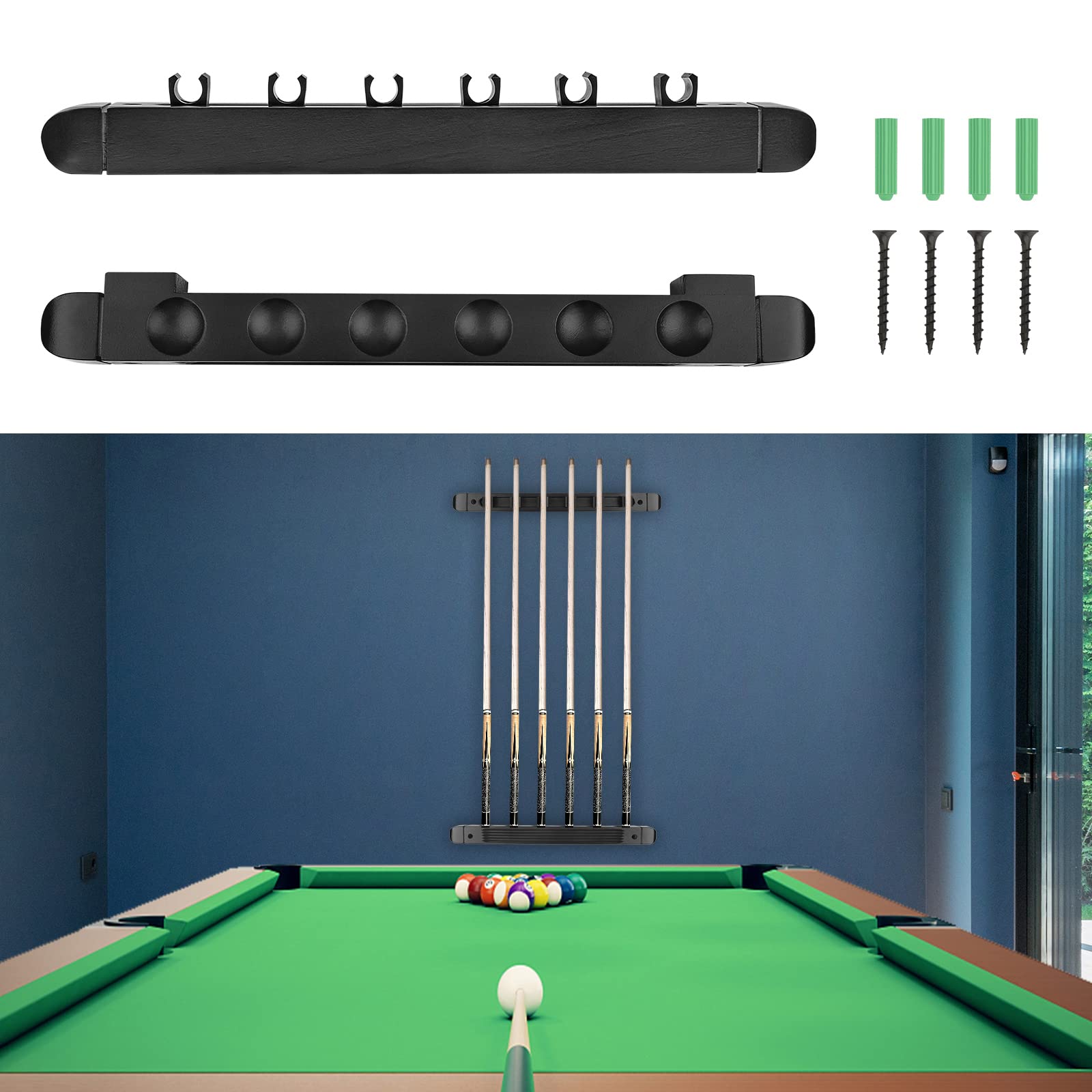 Adhafera Pool Cue Holder, 6 Pieces Wall-Mounted Pool Cue Rack, Suitable for Billiard Clubs, bars, Snooker Games