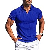 Collared Muscle Shirts for Men Ribbed Knit Slim Fit Polo Shirts Short Sleeve, Mens V Neck T Shirts Casual Stylish