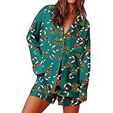 Bocymolay Women Christmas Pajamas Shorts Set Silk Satin Button Down Shirts Santa Print 2 Piece Pjs Loungewear