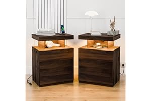 HOMMPA Set of 2 LED Nightstands with Wireless Charging Station Dark Walnut Bedside Table with Led Light Smart Nightstand USB Port 3 Drawers Night Table Mid Century Wood Night Stand Tall for Bedroom
