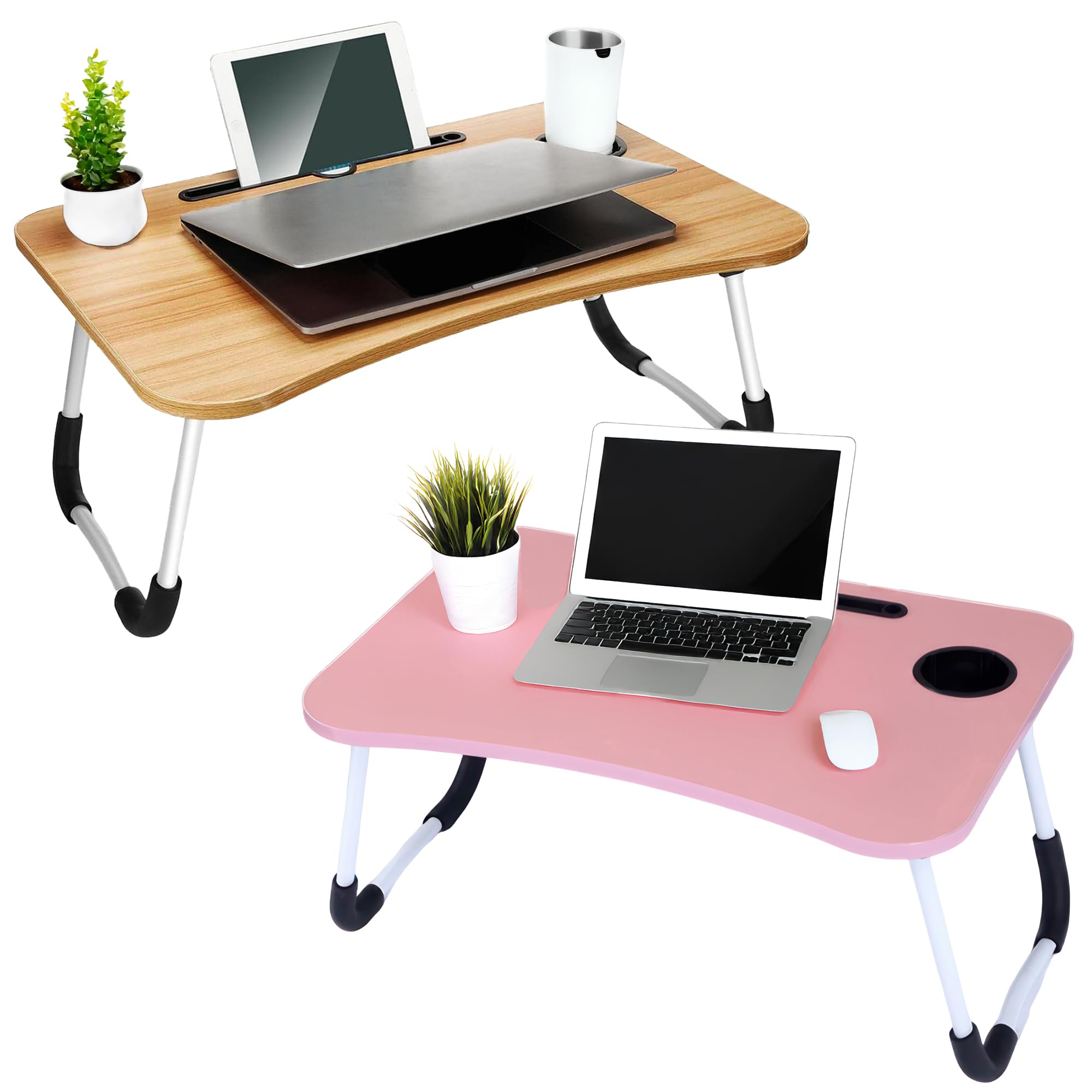 2-Pack Large Lap Desk for Bed & Sofa with Cup Holder & Foldable Legs Laptop Table, Breakfast Serving Tray, Tablet Phone Groove, Foldable Legs