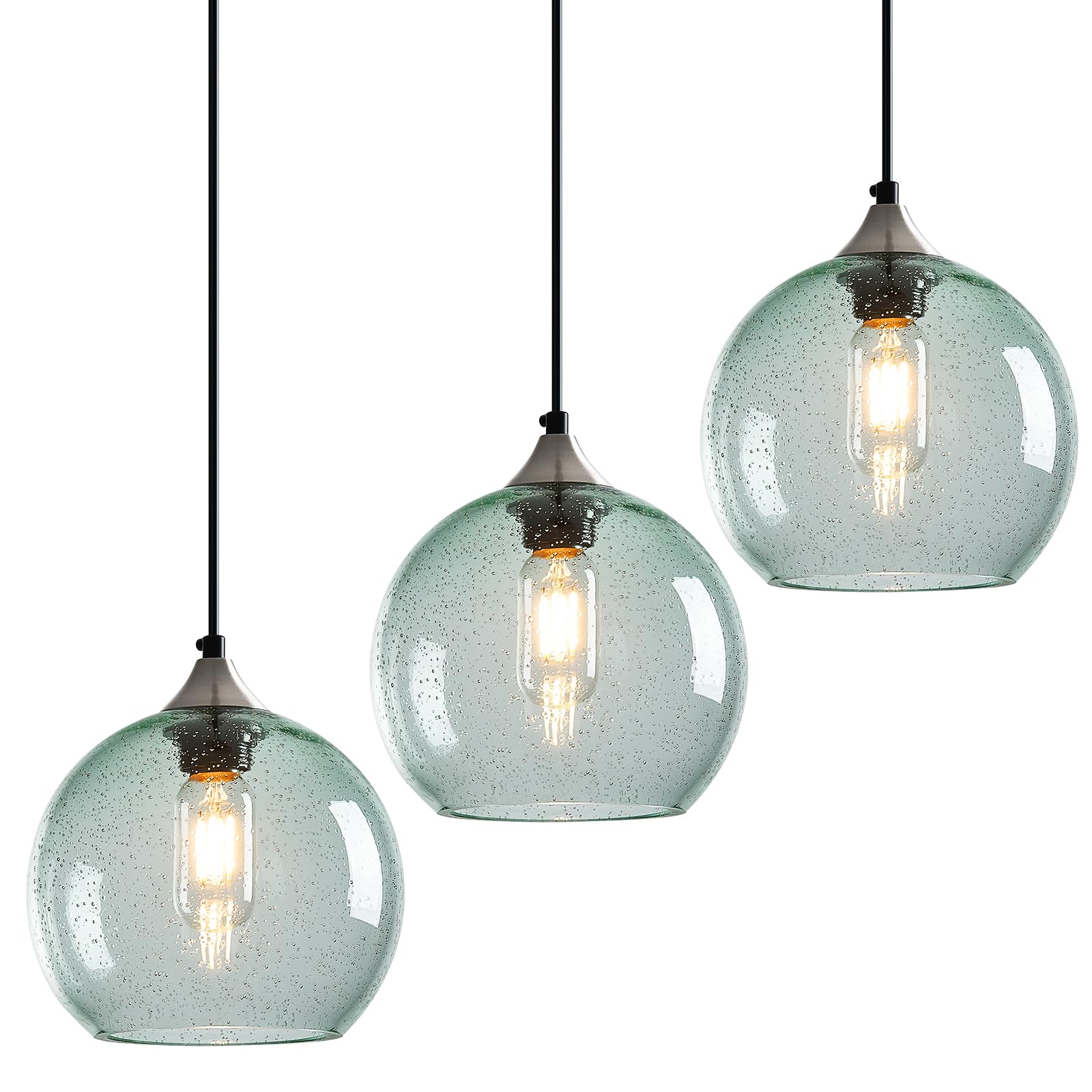 Photo 1 of LBSQJ Light Green Glass Pendant Lights Kitchen Island Lighting Globe Pendant Light Fixtures Modern Pendant Lighting for Bedroom Living Dining Room Light Fixture (7.87 in, 3 Pack)