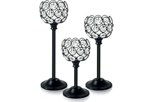 Kehail Crystal Metal Tealight Candlestick, Bling Bowl Candelabras, Tall Crystal Votive Candle Holders Elegant Crystal Candle Centerpiece for Dining Table Wedding Decor (Set of 3, Balck)