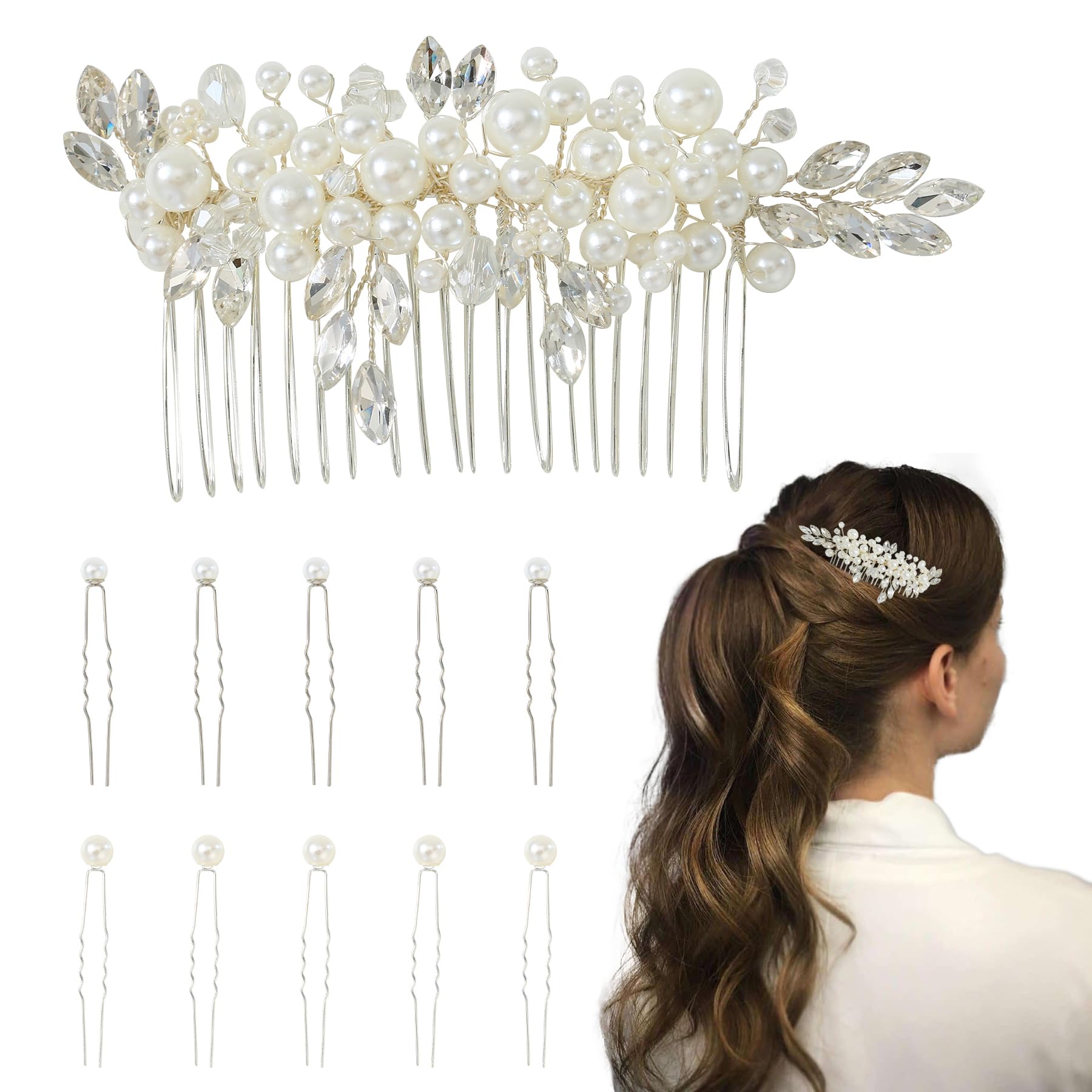Pearl Hair Pins - 11PCS Wedding Hair Accessories For Women, Hair Pins For Women, Hair Accessories For Women, Pearl Hair Accessories, Rhinestone Hair Comb and U-Shaped Pearl Hairpins for Bride Parties