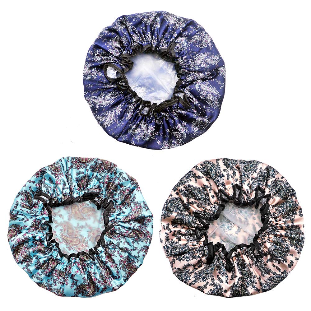 Luckindom Shower Caps, 3 Pack Extra Large and Double Layered Waterproof Bath Cap for Women and Girls, Adjustable and Reusable Shower Hat and Bonnet for Hair Protection (Type 2) : Beauty