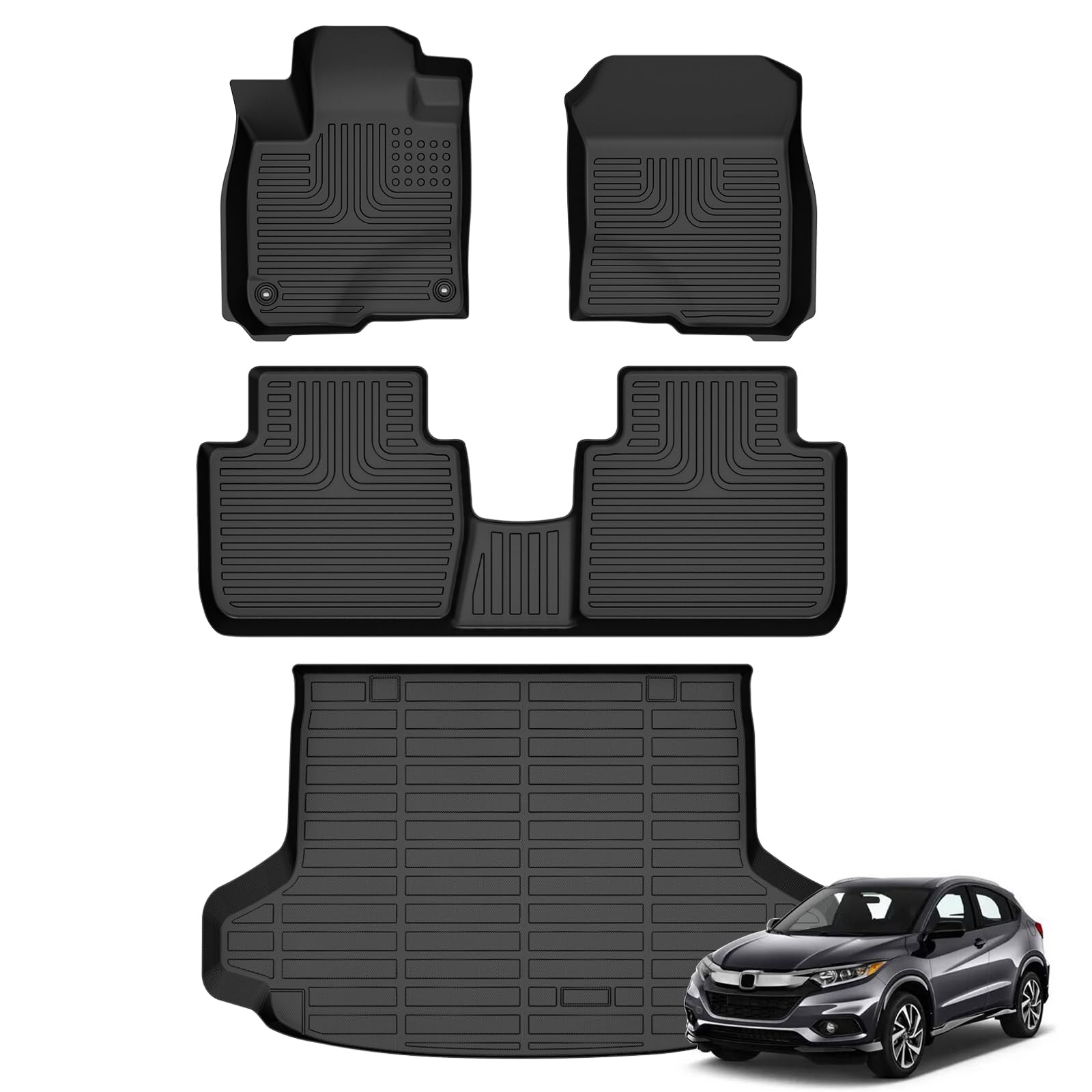 AZYT Floor Mats & Cargo Liner for Honda HR-V 2023-2026/ HR-V Hybrid 2023-2026 All Weather Automotive TPE Liners Set Anti-Slip Waterproof Floor Liners Accessories (Car Mats+Trunk Mat) Black Image