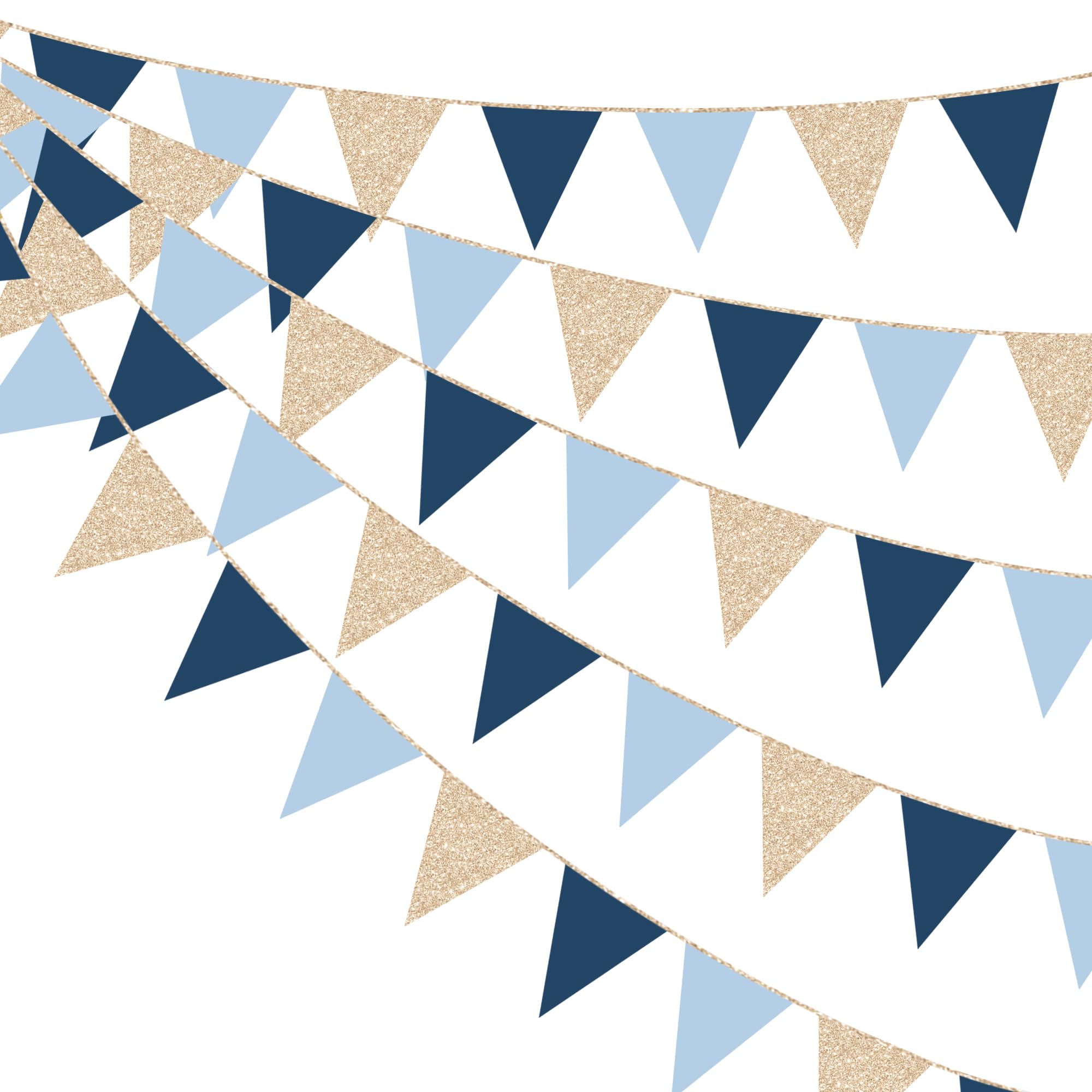 Champagne Gold Navy Blue Dusty Blue Pennant Banner Flag Hanging Paper Triangle Bunting for Birthday Baby Shower Graduation Wedding Bachelor Retirement Nautical Ahoy Achor Party Decorations Supplies