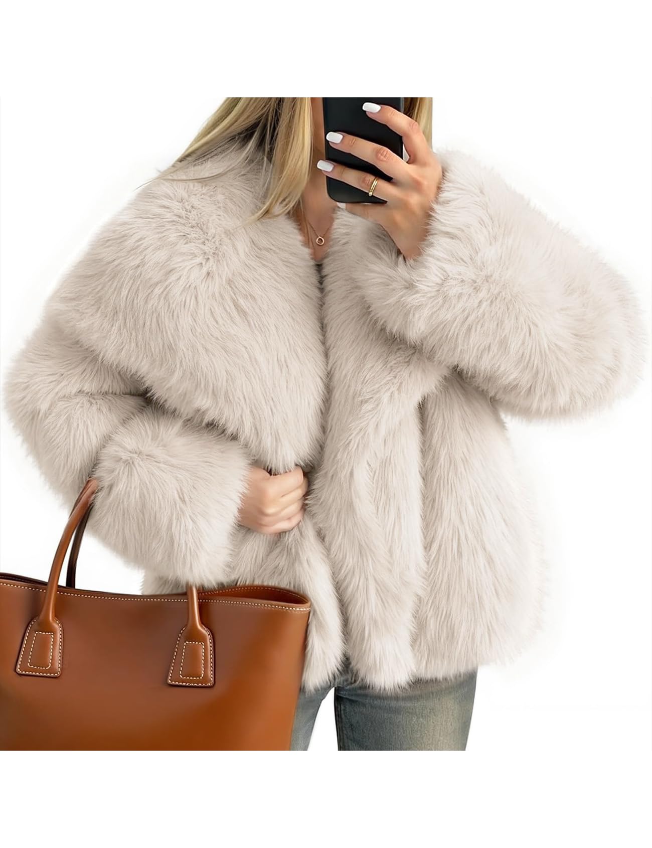 Photo 1 of Kissonic Women Faux Fur Coat Long Sleeve Lapel Open Front Shaggy Furry Jacket Warm Fluffy Short Outwear(Beige-XL)